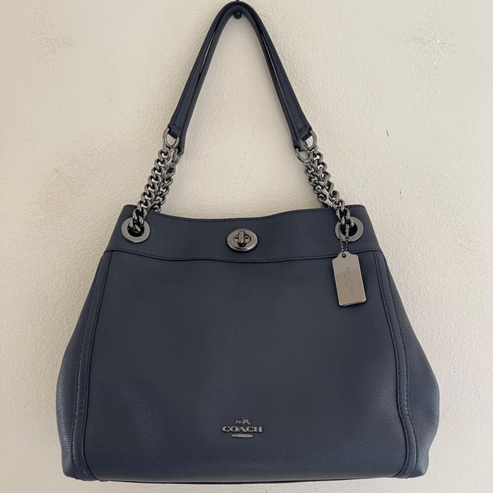 COACH Navy Blue Leather Satchel with Silver Chain Hardware: New with Dust Bag! - Picture 4 of 11